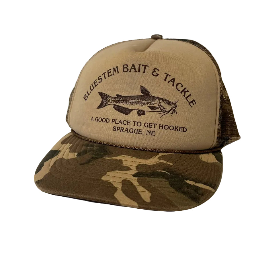Vintage Bluestem Bait and Tackle Sprague Nebraska Fish Camo Snapback Hat