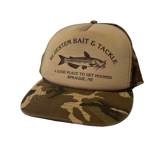Vintage Bluestem Bait and Tackle Sprague Nebraska Fish Camo Snapback Hat