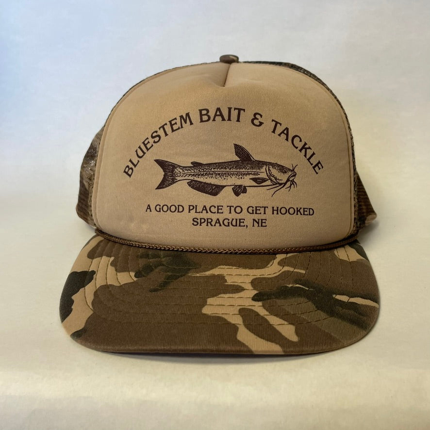 Vintage Bluestem Bait and Tackle Sprague Nebraska Fish Camo Snapback Hat