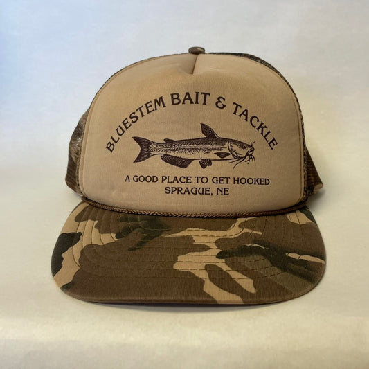 Vintage Bluestem Bait and Tackle Sprague Nebraska Fish Camo Snapback Hat