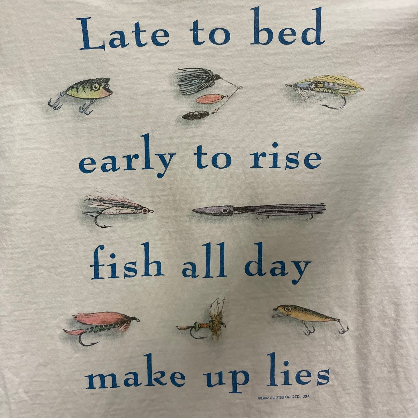 Vintage Go Fish 'Late to bed, early to rise, fish all day, make up lies' Shirt XL