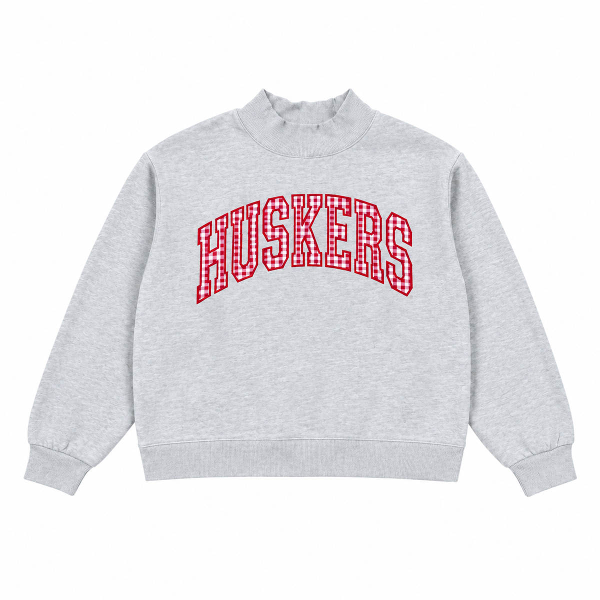 Heather gray Nebraska Huskers mockneck sweatshirt with red gingham arched HUSKERS lettering, boxy fit, and ribbed collar, cuffs, and hem.