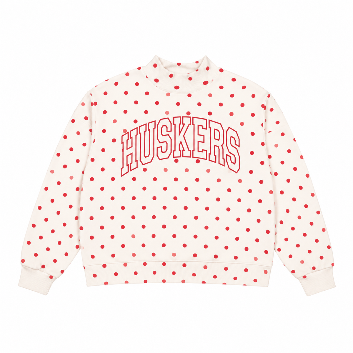 WhiteNebraska Huskers mockneck sweatshirt with red polka dots and outlined arched HUSKERS lettering on a white background.