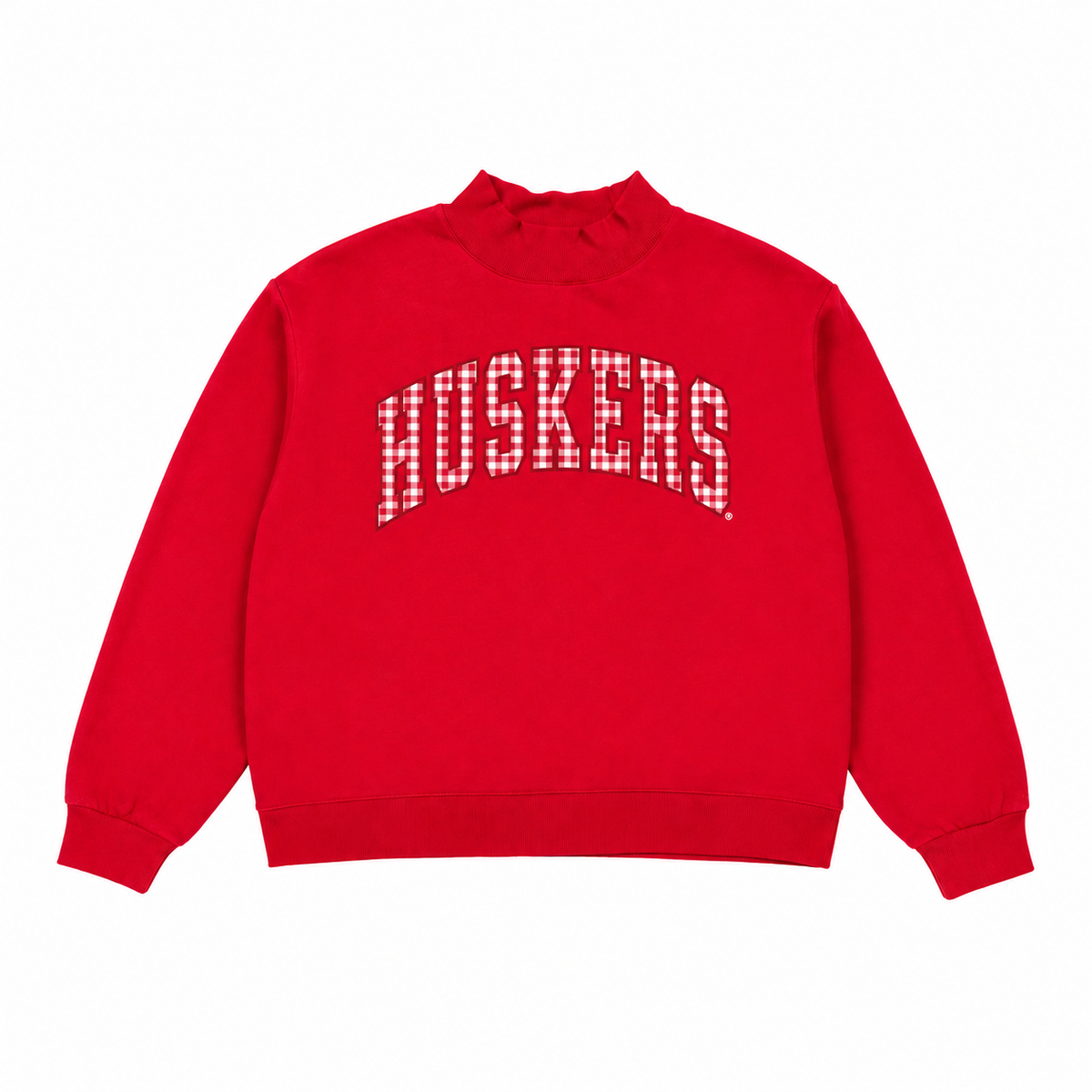 Red Nebraska Huskers mockneck sweatshirt with white gingham arched HUSKERS lettering on a white background.