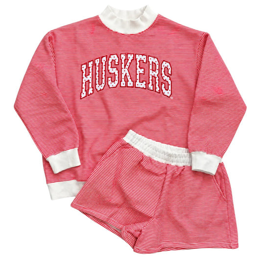 Red and white striped Nebraska Huskers matching set with mockneck sweatshirt and shorts