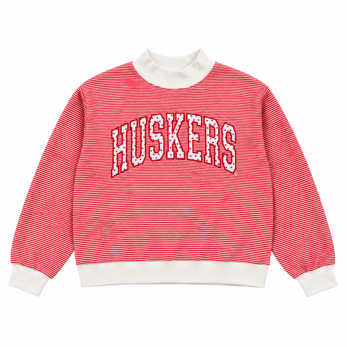ebraska Huskers red and white striped mockneck sweatshirt with white trim and large arched Huskers lettering.
