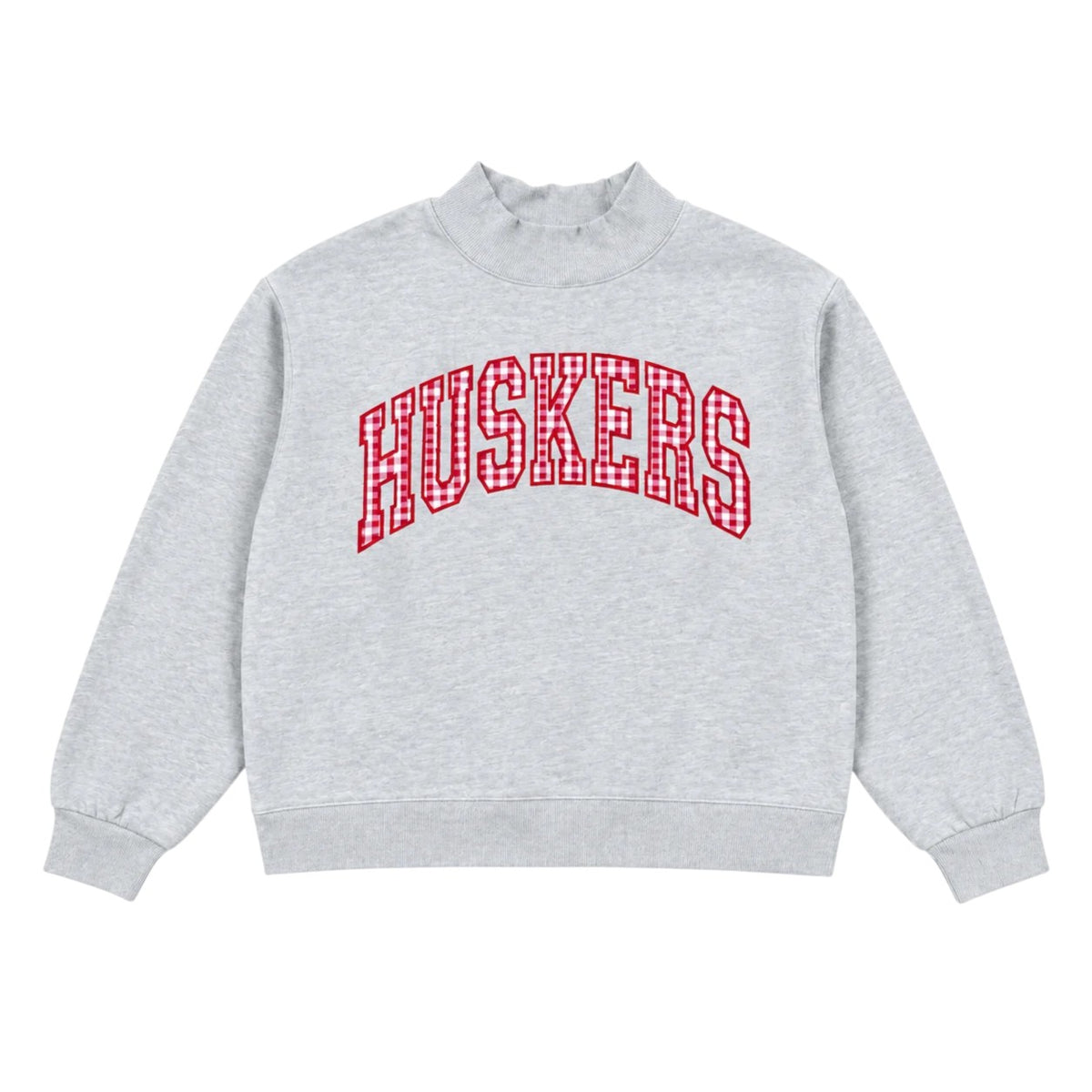 Gray Nebraska Huskers mockneck sweatshirt with red outlined gingham pattern HUSKERS lettering
