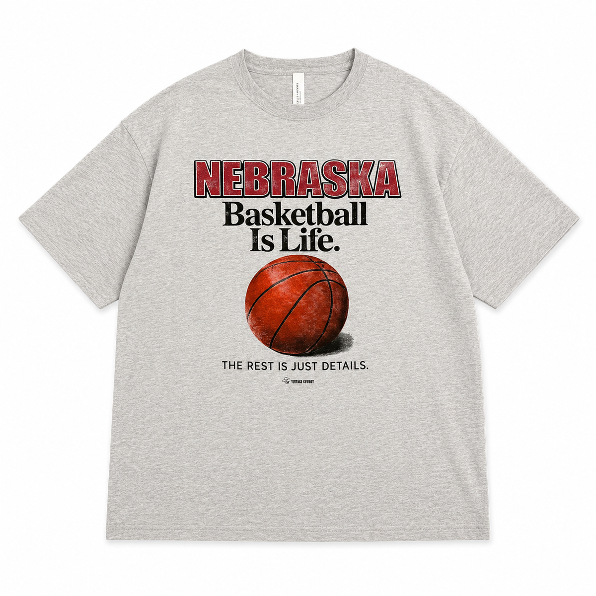 Grey Nebraska Basketball Is Life graphic t-shirt with vintage basketball design