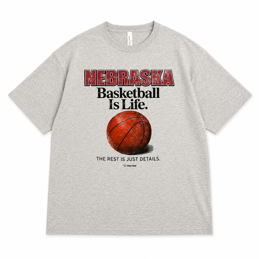 Grey Nebraska Basketball Is Life graphic t-shirt with vintage basketball design