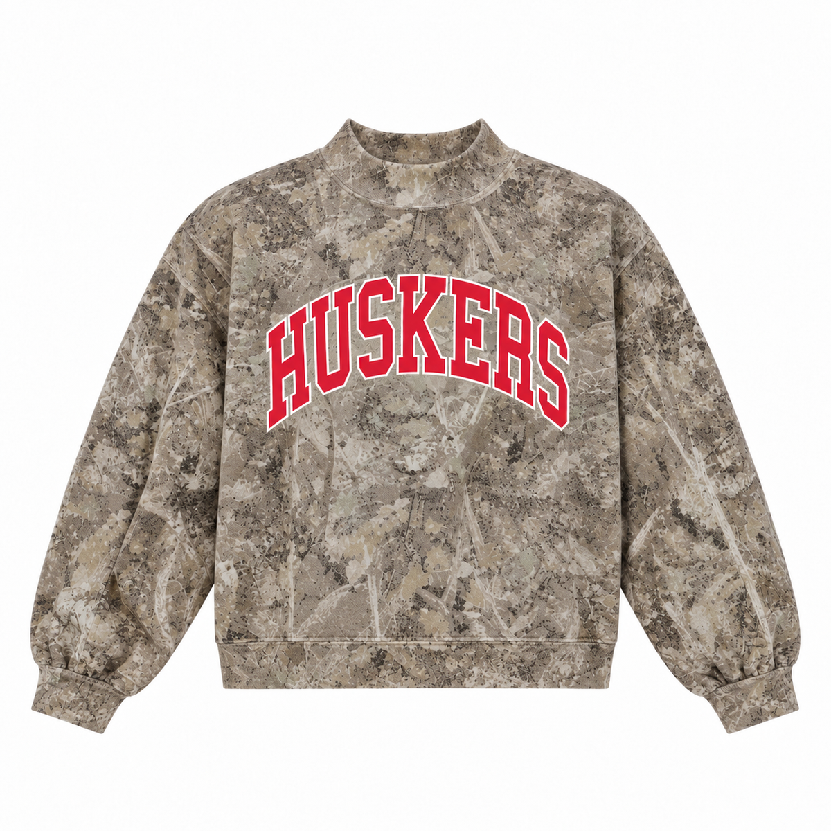 Nebraska Huskers camo mockneck sweatshirt with red and white arched HUSKERS lettering on the chest.