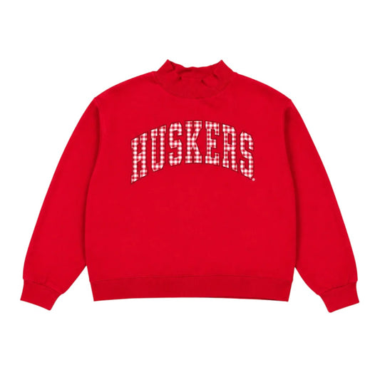 Red Nebraska Huskers mockneck sweatshirt with gingham HUSKERS lettering