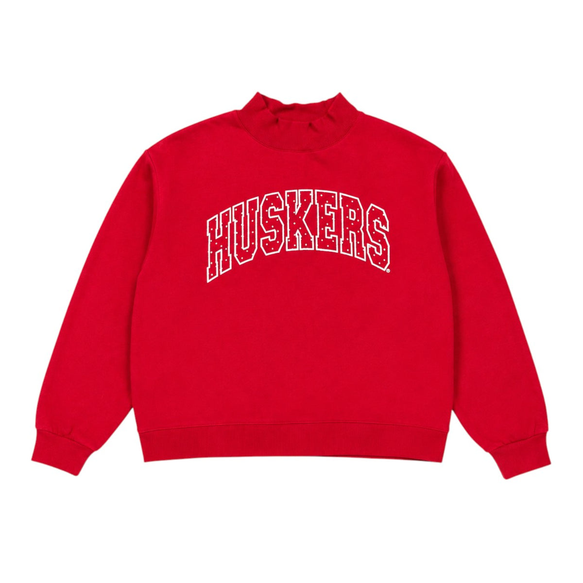 Red Nebraska Huskers mockneck sweatshirt with white outlined HUSKERS lettering
