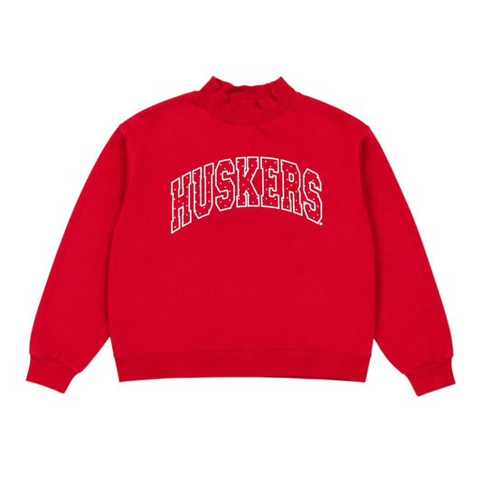 Red Nebraska Huskers mockneck sweatshirt with white outlined HUSKERS lettering